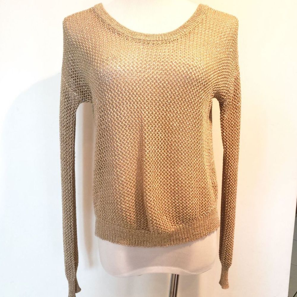 Pearl-Metallic Gold Woven Crew Neck Sweater-Small